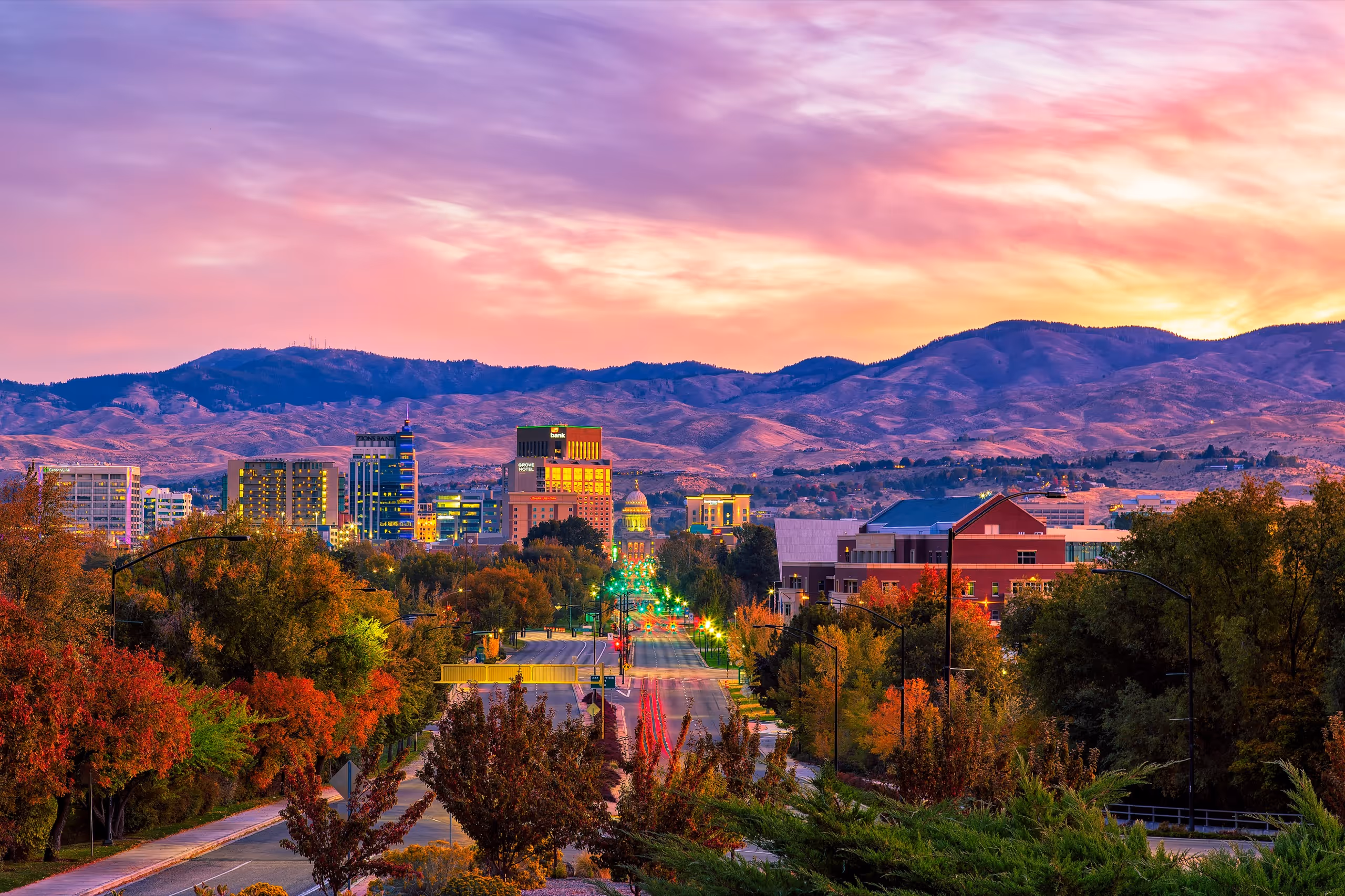 Park City, Idaho at dusk beneath the mountains — the county seat of Amelia County.