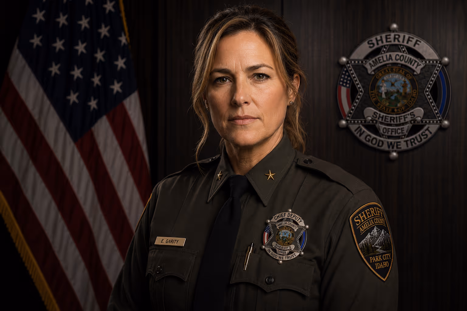 Chief Deputy Erin Garity, an AI-generated fictional officer portrait.