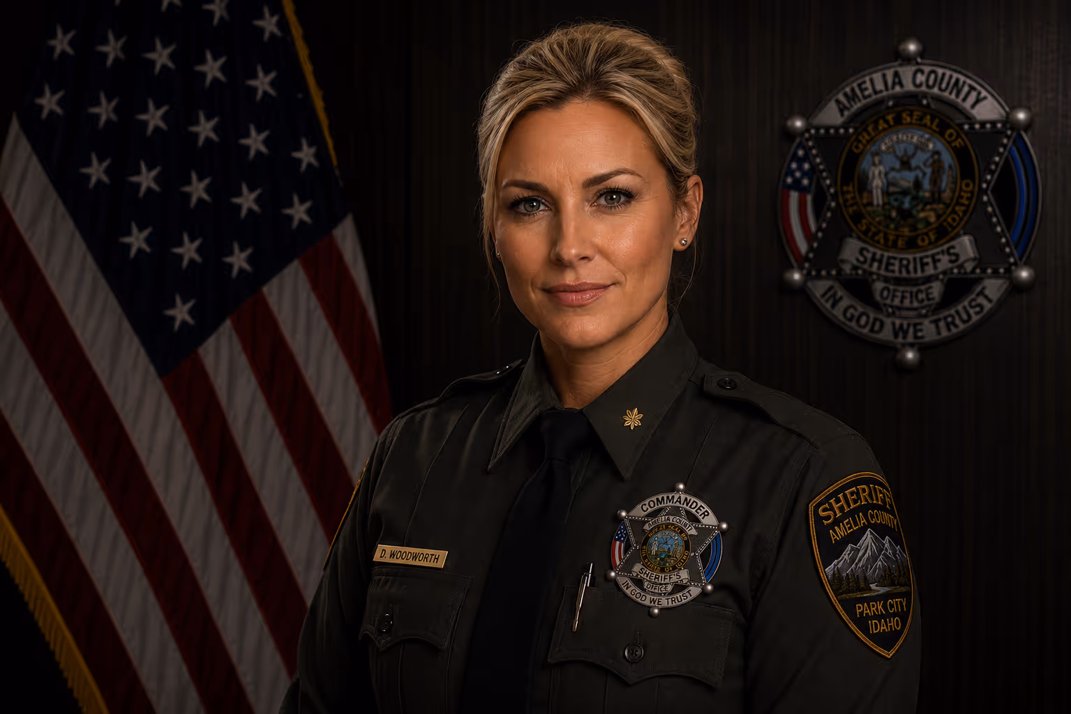 Commander Dana Woodworth, an AI-generated fictional officer portrait.